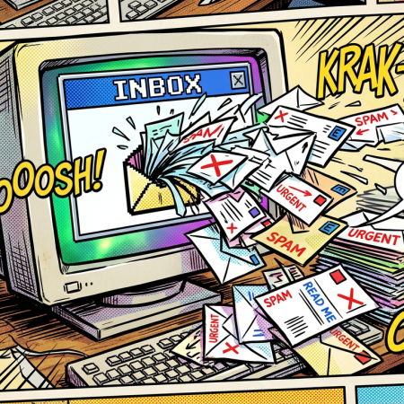 Retro computer screen showing inbox with a flood of urgent and spam emails overflowing onto desk