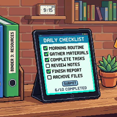 Tablet showing daily checklist with tasks and binders labeled projects, records, and resources on wooden desk