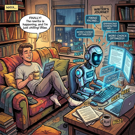 Woman relaxing on a couch holding a book and coffee while a robot types on a computer optimizing writing