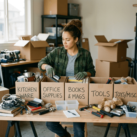 Woman packing and labeling cardboard boxes with household items for moving