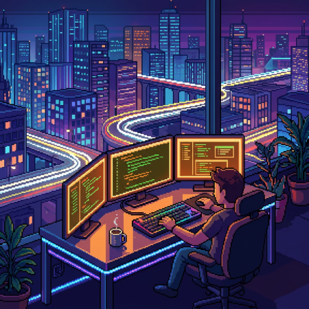 Person coding on three monitors at a desk with a city skyline and light trails visible through a large window