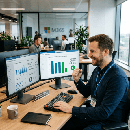 Office worker smiling with fist pump at computer desk showing monthly spending charts and October savings $8,450