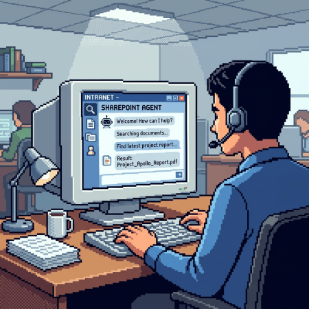 Office worker wearing headset typing on keyboard with SharePoint agent chat on screen