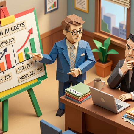 Two business professionals discussing high AI costs with bar and line charts