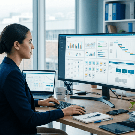 Modern document controller workspace with abstract dashboard