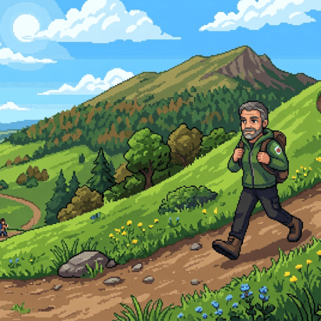 Pixel-art hiker walking a mountain trail beneath a Wellbeing Path sign