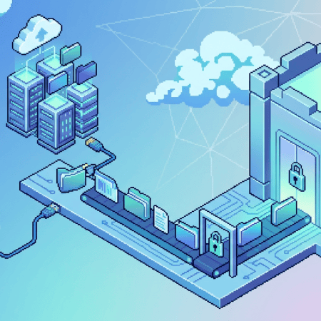 Pixel-art cloud network connecting servers to a locked data fortress